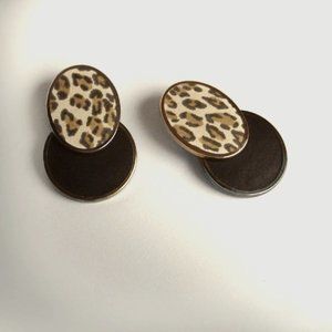 Vintage Bold Leopard print and black disc earrings for pierced ears